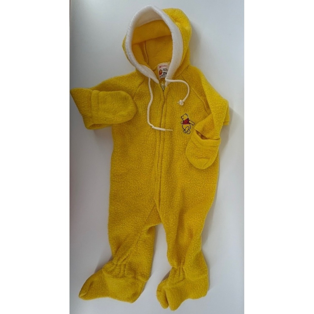 Baby Winnie the Pooh Fleece Snowsuit Bunting Yellow Hooded Footed 12M VINTAGE